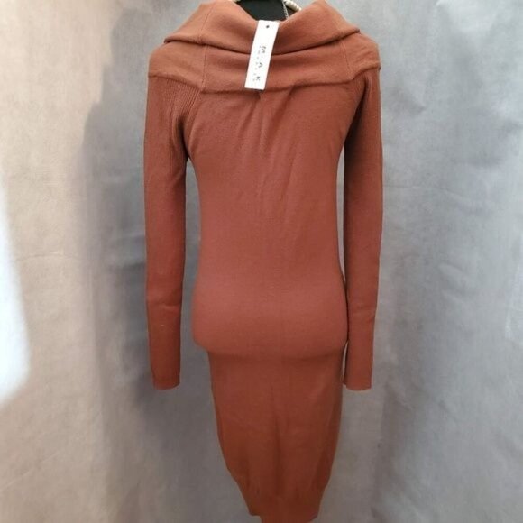 Mak Sweater Shoulder Dress Women Cowl Neck Bodycon Rayon Long Sleeve Rust - Picture 2 of 10